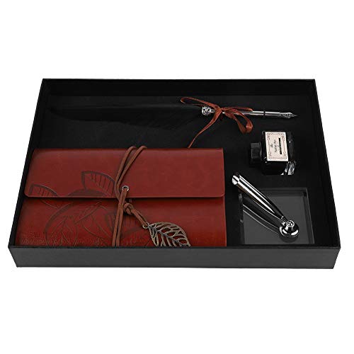 ASHATA Retro Füllfederhalter Quill Pen Set,Klassische Retro Leder Notizbuch Füllfederhalter Geschenkbox Kit,Vintage Füllfederhalter Feder Dip Pen mit Ink Flasche Set für von ASHATA
