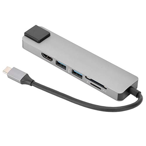 ASHATA USB 3.0-Hub, 6-in-1-erweiterter Externer Hub USB 3.0 -RJ45-Display-Mutiport-Adapter Typ C Grau, USB 3.0-Erweiterungs-5-Port-Hub-Adapter von ASHATA