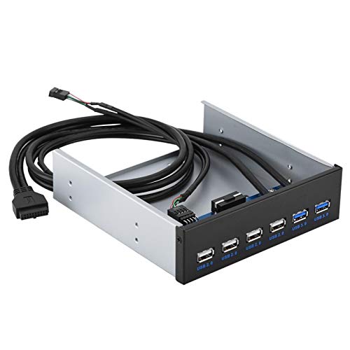 ASHATA USB 3.0 Super Speed Front Panel,Multifunktion Metall Frontplatte USB-Hub mit 4 USB 2.0+2 USB 3.0,6 USB-Schnittstellen Frontplatte USB Hub Adapter mit 9Pin 19Pin Kabel für PC Computer von ASHATA