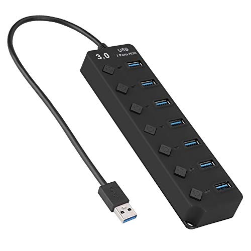 ASHATA USB Hub, 7-Port USB 3.0 Hub 5 GB/S Hochgeschwindigkeit mit Schlüsselschalter Netzteil USB HUB für PC (schwarz), 7-Port Hub Ausgestattet mit 7 Sätzen USB-Buchsen mit Hot-Plug-Funktion. von ASHATA