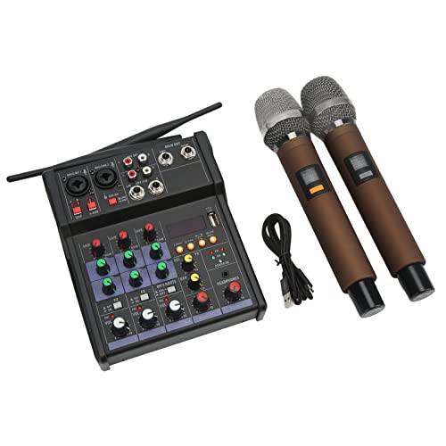 Kleiner 4-Kanal--Stereo-Mixer, Audio-Mixer, Stereo-Mixer mit 2 Drahtlosen Mikrofonen, Familien-Stereo-Prozessor für Live-Streaming von ASHATA