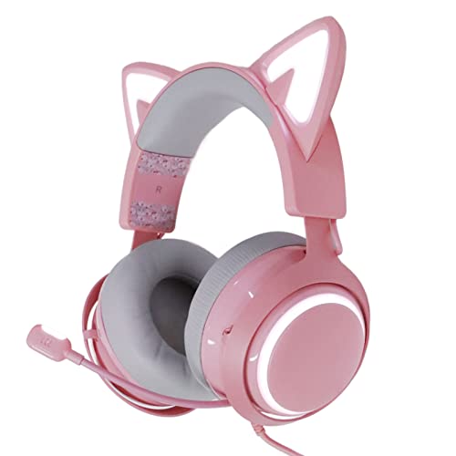 Pinkes Gaming-Headset, Verkabelter USB-Gaming-Kopfhörer in Pink mit Katzenohr für PC/MAC/PS4/PS5 mit 7.1-Surround-Sound-Geräuschunterdrückung, Abnehmbarem Katzenohr und Mikrofon, LED-RGB-Beleuchtung von ASHATA