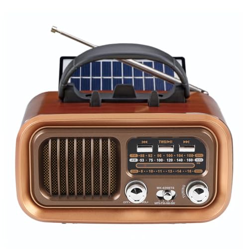 Tragbares AM FM Shortwave Radio mit Lautsprecher, Vintage Radio Solar Powered, Indoor Decor, für Innen, Außen und Notwendigkeiten, Speicherkarte USB Wiedergabe (Gold) von ASHATA