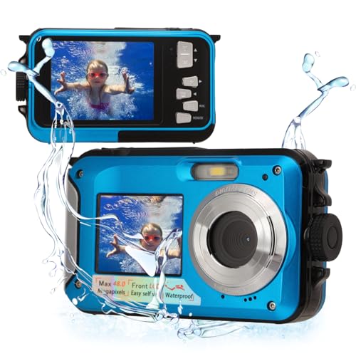Wasserdichte Digitalkamera, Full HD 2.7K 48MP 10 Fuß Wasserdichte Unterwasser-Digitalkamera, 16-facher Digitalzoom Vorne Hinten Doppelbildschirme Wasserdichte Digitalkamera (Blau) von ASHATA
