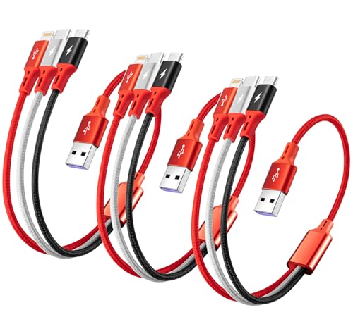 ASICEN 3 in 1 USB ladekabel, [3Stück, 35cm] Multi Micro USB Kabel, Mehrfach Ladekabel 3 in 1 Schnellladekabel mit IP/Micro USB/Typ C für iPhone16/15/14/Tablets/Samsung Galaxy/LG/Pixel/OnePlus von ASICEN