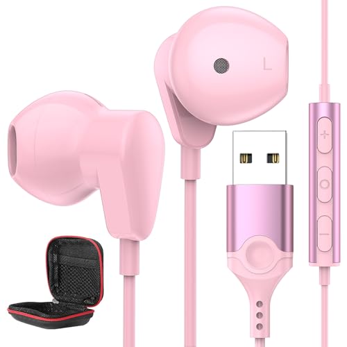 PC Kopfhörer für Laptop,In Ear USB Kopfhörer mit Mikrofon Geräuschunterdrückung Lautloser Audiosteuerung,Leichter PC Gaming Kopfhörer,USB A Headset für Office Spiele Live Streaming Chromebook,Rosa von ASKUBSKU