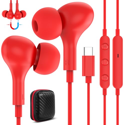 USB C Kopfhörer mit Mikrofon,In Ear Ohrhörer mit Kabel Typ C Headset USB C Anschluss HiFi Stereo für iPhone 16 15 Pro iPad Air Samsung Galaxy A35 A55 A34 A54 A16 5G S24 S25 Xiaomi 14T 13 Pixel 9 8,Rot von ASKUBSKU