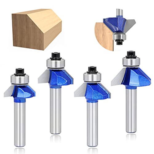 ASNOMY 4 Stück 8mm Schaft 45 Grad Winkel Fasefräser Standard for Wood, 45 Grad Fase/Bevel Einfassung Router Bit für Zimmerei Fasen Holzbearbeitung Trimmen, Fräser für Oberfräse Set von ASNOMY