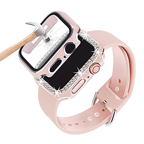 Kompatibel mit Apple Watch Armband 38 mm, 40 mm, 41 mm, 42 mm, 44 mm, 45 mm, mit Hülle, weich, verstellbares Damenarmband aus Silikon, mit Diamant-Hülle und Glas-Displayschutzfolie für iWatch Serie 7, von ASOTC