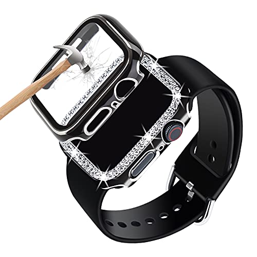Kompatibel mit Apple Watch Armband 38 mm 40 mm 41 mm 42 mm 44 mm 45 mm, mit Hülle, weiches verstellbares Damen-Silikonarmband mit Diamant-Hülle und Glas-Displayschutzfolie für iWatch Serie 8 7 6 5 4 3 von ASOTC