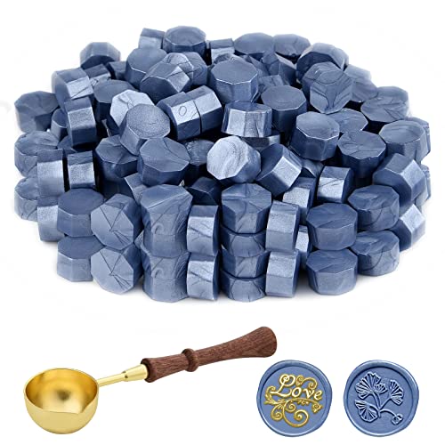 ASTARON 100 Stück Siegelwachs Blau, Siegelwachs Perlen mit 1 Wachsschmelzlöffel, achteckiges Wachssiegel-Set für Einladungen, Karten, Umschläge, Weinpakete, Geschenkverpackungen von ASTARON