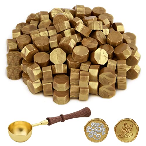 ASTARON 100 Stück Siegelwachs Gold, Siegelwachs Perlen mit 1 Wachsschmelzlöffel, achteckiges Wachssiegel-Set für Stempel, für Einladungen, Karten, Umschläge, Weinpakete, Geschenkverpackungen von ASTARON