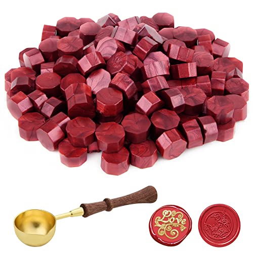 ASTARON 100 Stück Siegelwachs Rot, Siegelwachs Perlen mit 1 Wachsschmelzlöffel, achteckiges Wachssiegel-Set für Stempel, für Einladungen, Karten, Umschläge, Weinpakete, Geschenkverpackungen von ASTARON