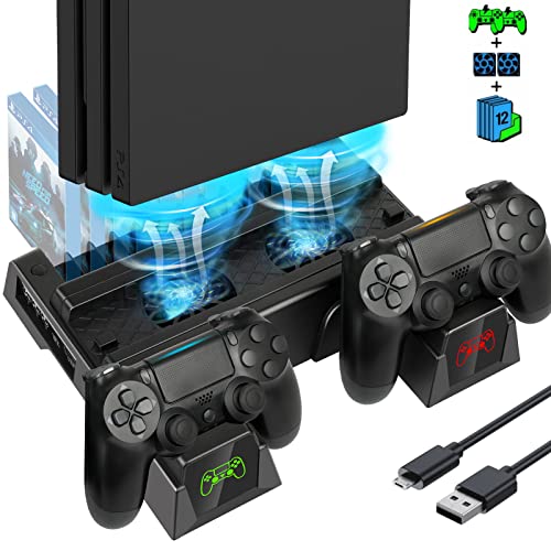 ASUNCELL PS4 Vertikaler Standfuß, PS4 Vertical Stand mit Lüfter PS4 Kühler PS4 Controller Ladestation für Playstation 4/PS4 Pro/Slim PS4 Halterung mit PS4 Ladestation mit 12 Spiele Lagerung von ASUNCELL
