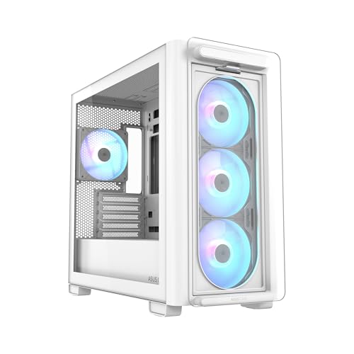 ASUS A21 Plus TG ARGB White Micro ATX-Gehäuse, unterstützt Motherboards mit versteckten Anschlüssen, 360-mm-Radiatoren und 380-mm-Grafikkarten, 4 vorinstallierte ARGB-Lüfter, Weiß von ASUS