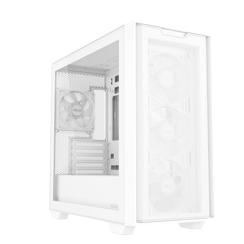 ASUS A21 Plus TG ARGB White microATX PC Gehäuse (vorinstallierte ARGB-Lüfter, Mesh Frontpanel, kompatibel mit Mainboards mit versteckten Anschlüssen, 360-mm-Radiatoren, 380-mm-Grafikkarten, weiß) von ASUS