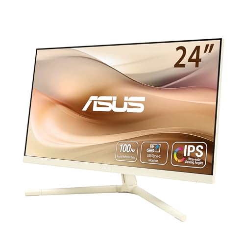ASUS Eye Care VU249CFE-M - 24 Zoll Full HD Monitor - 100 Hz, 1ms MPRT, AdaptiveSync, GreenProduct, Epeat Gold - IPS Panel, Vesa 75x75, 16:9, 1920x1080, HDMI, USB-C mit 15W PD, ergonomisch, beige von ASUS
