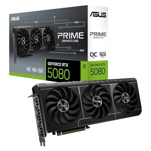ASUS Prime GeForce RTX 5080 OC Edition 16GB GDDR7 Gaming Grafikkarte (Nvidia GeForce RTX5080, SFF-Ready, Dual-BIOS-Schalter, PCIe 5.0, 1x HDMI 2.1b, 3X DisplayPort 2.1a, PRIME-RTX5080-O16G) von ASUS