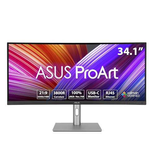 ASUS ProArt PA34VCNV - 34 Zoll UWQHD Professioneller Curved Monitor - 21:9 IPS, 3440x1440, 60 Hz - ergonomisch, Calman, hohe Farbtreue, HDR 10 - RJ45, DisplayPort, HDMI, 96W USB-C, USB-Hub, Speaker von ASUS