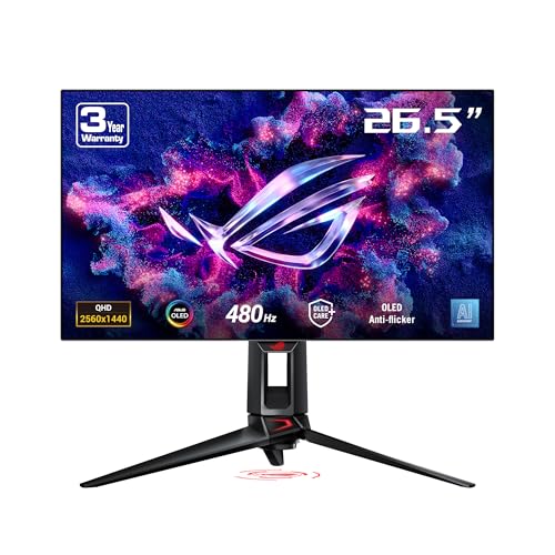 ASUS ROG Swift OLED PG27AQDP, 27 Zoll WQHD Gaming Monitor, 480 Hz, 0.03ms GtG, G-Sync, FreeSync, ROG A.I., GameFast, HDR 400 TB, 10-bit WOLED Panel, 16:9, 2560x1440, DP, HDMI, USB-Hub, ergon von ASUS