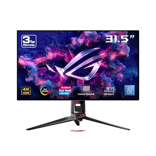 ASUS ROG Swift OLED PG32UCDP - 32 Zoll 4K UHD Gaming Monitor - 240-480 Hz, 0.03ms GtG, G-Sync, FreeSync, AdaptiveSync, 10-bit, DisplayHDR 400 TB - 16:9, 3840x2160, DP 1.4, HDMI, 90W USB-C, USB-Hub von ASUS