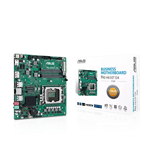 ASUSK Pro H610T D4-CSM Business-Mainboard Sockel Intel LGA 1700 (Thin Mini-ITX, PCIe 4.0, DDR4, HDMI, DisplayPort, USB-A USB 3.2 Gen2), Schwarz, 190373, 90MB1AM0-M0EAYC von ASUS
