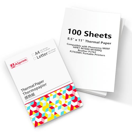 ASprink Thermopapier A4 - Kompatibel mit M08F/M832/M833/M834/M835 Drucker, Einzelblatt A4 Thermopapier,Papier A4 fur Tragbare Drucker (Diskontinuierliches DruckerPapier A4 & 100 Blatt) von ASprink