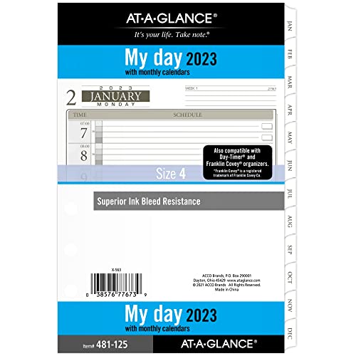 AT-A-GLANCE 2023 Tagesplaner-Nachfüllpackung, stündlich, 12010 Tages-Timer, 14,5 x 21,6 cm, Größe 4, Schreibtischgröße, eine Seite pro Tag, lose Blätter, monatliche Registerkarten (481-125) von AT-A-GLANCE