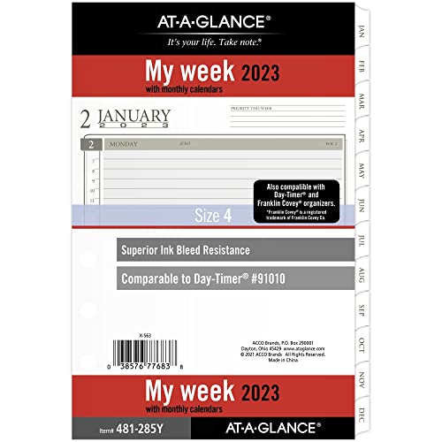 AT-A-GLANCE 2023 Wochen- und Monatsplaner-Nachfüllpackung, stündlich, 91010 Tages-Timer, 14,7 x 21,6 cm, Größe 4, Schreibtischgröße, lose Blätter, monatliche Registerkarten (481-285Y) von AT-A-GLANCE