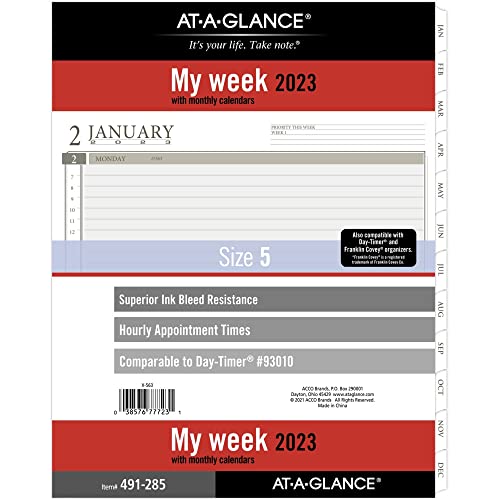 AT-A-GLANCE 2023 Wochenplaner-Nachfüllpackung, stündlich, 93010 Tages-Timer, 21,6 x 27,9 cm, Größe 5, Foliogröße, lose Blätter, monatliche Registerkarten (491-285) von AT-A-GLANCE