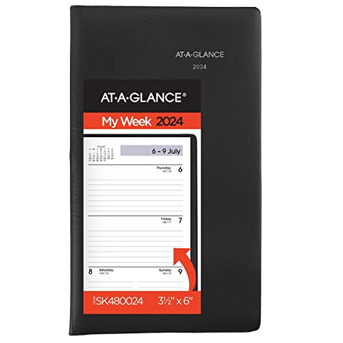 AT-A-GLANCE Wochenplaner 2024, DayMinder, offener Terminplaner, 8,9 x 15,2 cm, Taschengröße, Schwarz (SK480024) von AT-A-GLANCE