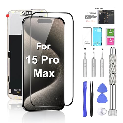 ATEVENSE Bildschirm Ersatz für iPhone 15 Pro Max 6.7“ LCD Retina FHD Display COF Touch Screen Digitizer mit Reparatur Werkzeug Kits, Wasserdichtes Klebeband, Screen Protector ATEVENSE Bildschirm Ersatz für iPhone 15 Pro Max 6.7“ LCD Retina FHD Display COF Touch Screen Digitizer mit Reparatur Werkzeug Kits, Wasserdichtes Klebeband, Screen Protector von ATEVENSE