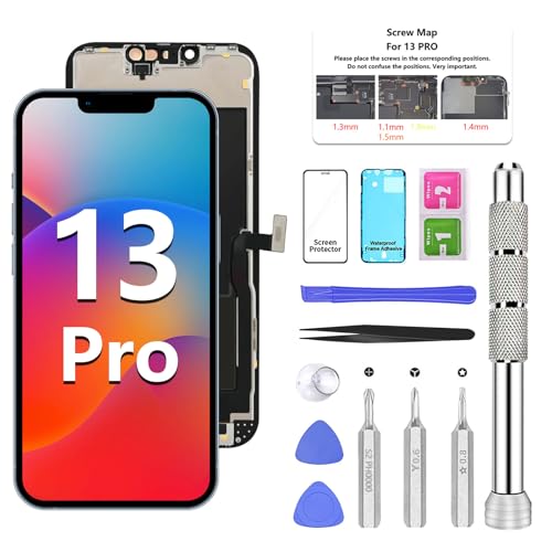 ATEVENSE Geeignet für iPhone 13pro Bildschirm Ersatz Kit 6.1" LCD Display 3D Touch IPS FHD COF Full Assembly Edelstahl Reparatur Kits Wasserdicht Rahmen Aufkleber+Screen Tempered Protector von ATEVENSE