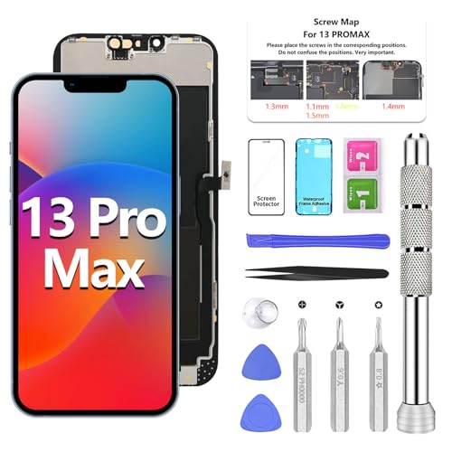 ATEVENSE iPhone 13 Pro Max Bildschirm-Ersatzkit 6,7" LCD Display 3D Touch IPS FHD COF Vollständige Montage Edelstahl Reparaturset Wasserdichter Rahmenaufkleber + Panzerglas von ATEVENSE