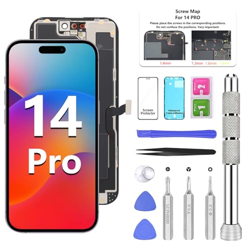 ATEVENSE Geeignet für iPhone 14 Pro Bildschirm Ersatzkit 6,1" LCD Display 3D Touch IPS FHD COF Vollständige Montage Edelstahl Reparaturset Wasserdichter Rahmenaufkleber + Panzerglas von ATEVENSE