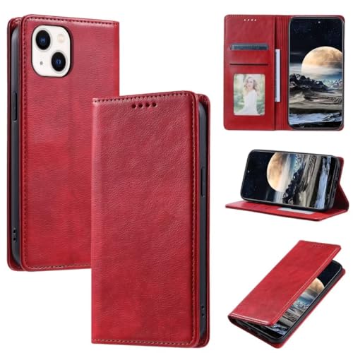 ATISIJIE iPhone 15 Plus Leather Case[Premium Leder][Kartenfach][Standfunktion][Magnetverschluss],Tasche Flip Case Cover Etui klapphülle für iPhone 15 Plus Rot von ATISIJIE