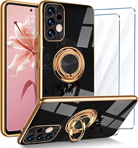 ATISIJIE Handyhülle für Samsung Galaxy A52 4G/5G / A52S 5G Hülle mit 2 Stück Schutzfolie, 360° Rotating Ständer Magnet Autohalterungen TPU Schutzhülle Shockproof Ring Halter Case für Damen Schwarz von ATISIJIE