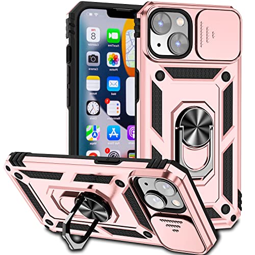 ATISIJIE Handyhülle für iPhone 14 Hülle, Stoßfest Schutzhülle iPhone 14 Case Cover mit 360 Grad Metal Ring Halter Standard [Push-Window-Funktion] Roségold von ATISIJIE