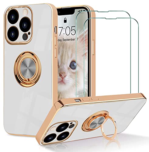 ATISIJIE Handyhülle für iPhone 14 Pro(6.1") Hülle mit 2 Stück Schutzfolie, 360° Rotating Ständer Magnet Autohalterungen TPU Silicone Schutzhülle Shockproof Ring Halter Case für Damen Weiß von ATISIJIE