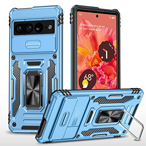 ATISIJIE Hülle für Google Pixel 7 Pro Handyhülle [Slide Camera Kameraschutz], Metall 360 Grad Metal Ring Halter Standard Stoßfest Schutzhülle Case Cover Schutzfolie Hellblau von ATISIJIE