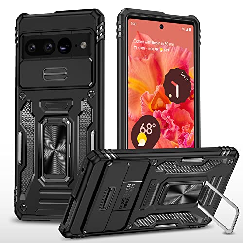 ATISIJIE Hülle für Google Pixel 7 Pro Handyhülle [Slide Camera Kameraschutz], Metall 360 Grad Metal Ring Halter Standard Stoßfest Schutzhülle Case Cover Schutzfolie Schwarz von ATISIJIE