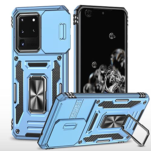 ATISIJIE Hülle für Samsung Galaxy S20 Ultra / S20 Ultra 5G Handyhülle [Slide Camera Kameraschutz], Metall 360 Grad Metal Ring Halter Standard Stoßfest Schutzhülle Case Cover Schutzfolie Hellblau von ATISIJIE