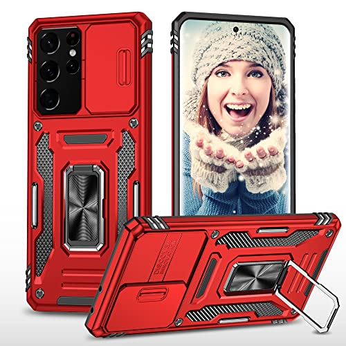 ATISIJIE Hülle für Samsung Galaxy S21 Ultra 5G Handyhülle [Slide Camera Kameraschutz], Metall 360 Grad Metal Ring Halter Standard Stoßfest Schutzhülle Case Cover Schutzfolie Rot von ATISIJIE