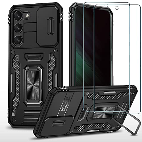 ATISIJIE Hülle für Samsung Galaxy S23 Handyhülle mit 2 pcs Schutzfolie, Ringhalter Ständer Case Kamera Klappe Cover Militärische Rüstung Kantenschutz Handyhülle Handy Hüllen für Samsung S23 Schwarz von ATISIJIE