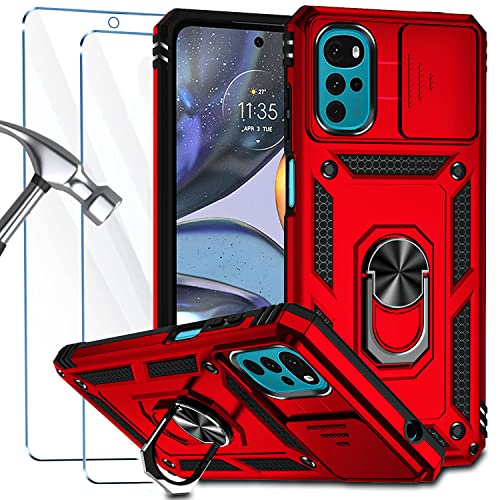 ATISIJIE Motorola Moto G22 Hülle mit 2 HD Schutzfolie aus Gehärtetem Glas [Push-Window-Funktion] Stoßfest Handyhülle Motorola Moto G22 Schutzhülle Case Cover mit Metal Ring Halter Rot von ATISIJIE