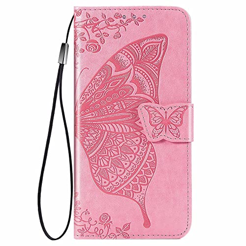 ATISIJIE Schmetterling Flip Folio Hülle für OnePlus Nord 2T 5G, Schutzhülle PU/TPU Leder Flip Case klapphülle Klapptasche Handytasche mit Kartenfächer Handyhülle lederhülle Rosa von ATISIJIE