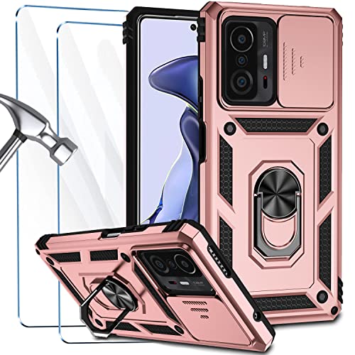 ATISIJIE Xiaomi 11T/11T Pro 5G Hülle mit 2 HD Schutzfolie aus Gehärtetem Glas [Push-Window-Funktion] Stoßfest Handyhülle Xiaomi 11T/11T Pro 5G Schutzhülle Case Cover mit Metal Ring Halter Roségold von ATISIJIE