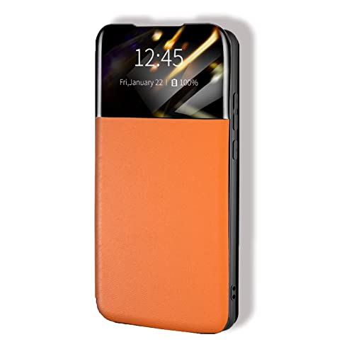 ATISIJIE YUMIER Wallet Cover für Samsung Galaxy S21 FE 5G Flip Cover,Stoßfest Handy-Hülle mit Ständer Schutz Case Clear View integriertes Sichtfenster Klapphülle Orange von ATISIJIE