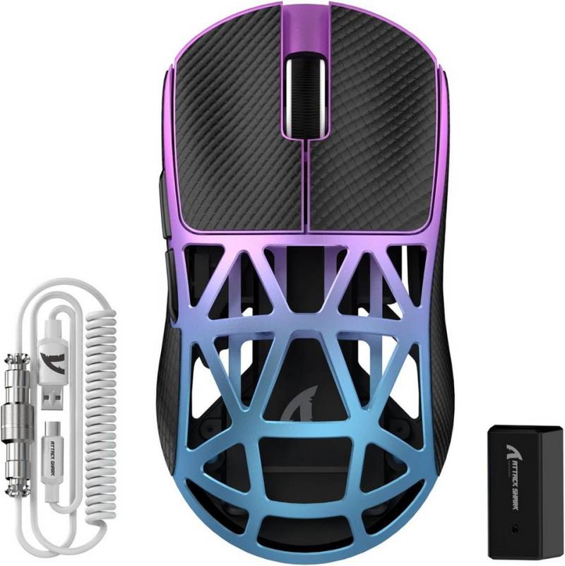 ATTACK SHARK Ultraleicht PixArt PAW3950-Sensor, 42000 DPI, 8000Hz mit Spiralkabel Gaming-Maus (Bluetooth, 2,4G Wireless, USB-C, Leichtbauweise Mit CNC-gefertigtem Metallrahmen & ausgehöhltem Design) von ATTACK SHARK