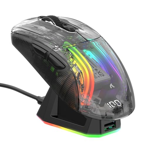 ATTACK SHARK X2 Pro Kabellose Gaming Maus mit Charging Station, Leise Maus Tri-Mode(BT5.0/2.4G Wireless/Typ-C), 4000 DPI RGB Bluetooth Maus Wiederaufladbare, Transparente Schale, für PC/MAC, Schwarz von ATTACK SHARK